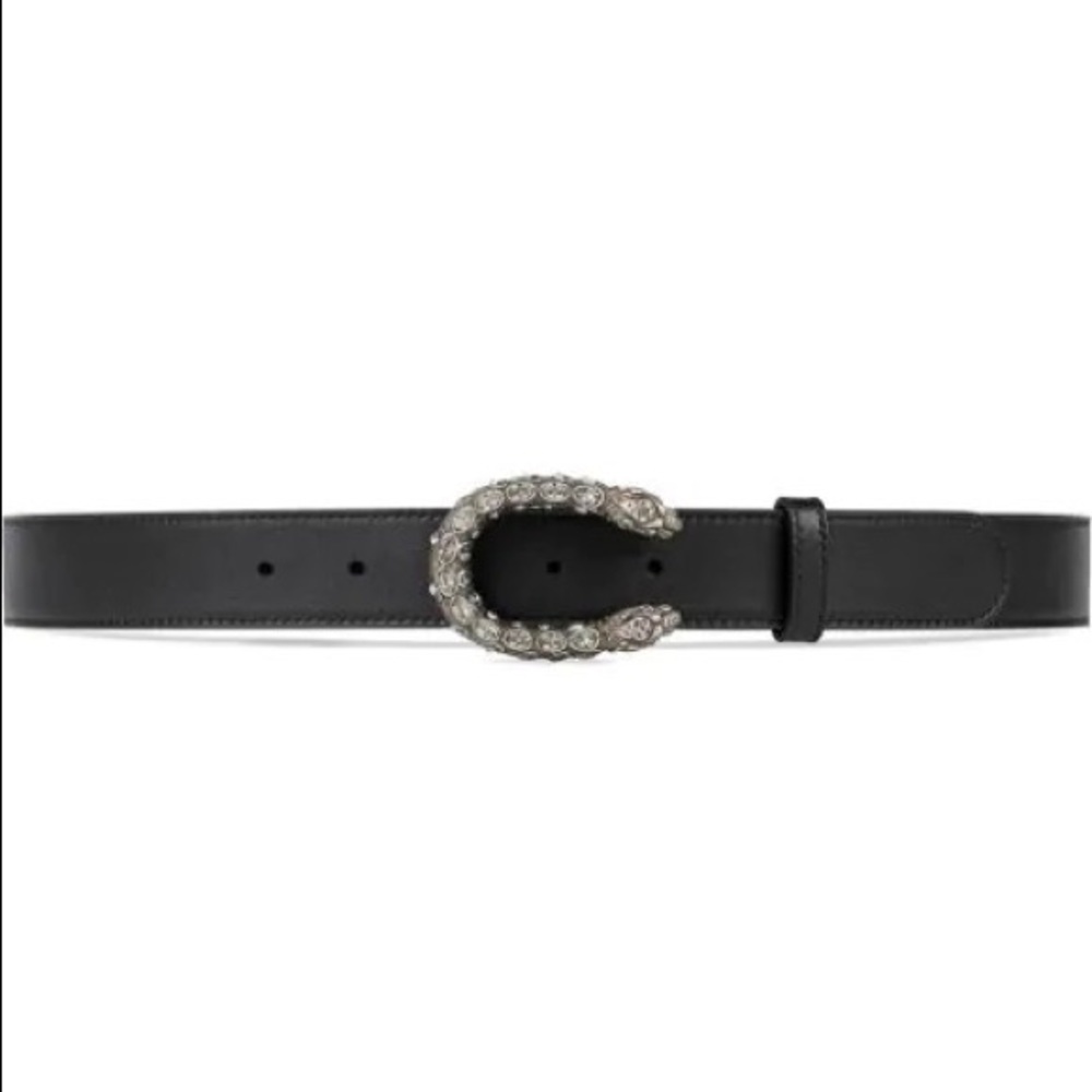 Gucci Leather Belt With Crystal Dionysus Buckle In Black Leather
